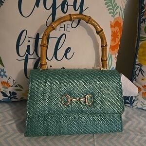 Woven Bamboo-Handle Mini Top-Handle Bag in Teal